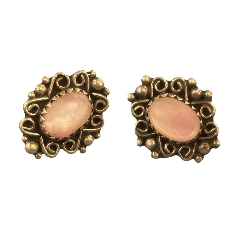Vintage Sterling Silver Pink Mother of Pearl Earrings Ornate Filigree Boho 925